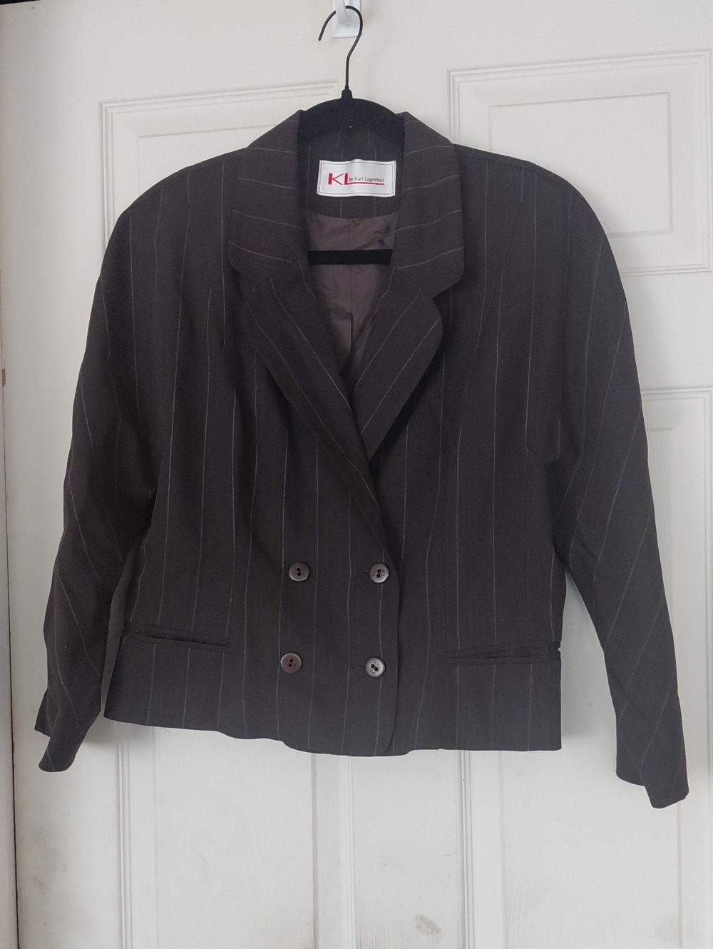 Karl Lagerfeld Bark Brown Blue Pinstripe Double-Breasted Women Cropped Blazer 14
